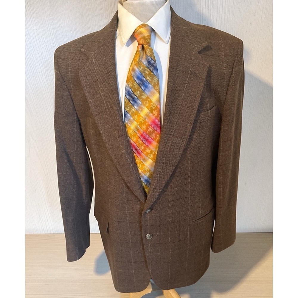 Vtg Hunt Valley Brown Plaid Tweed Flannel Wool Blazer 44L Sport Coat Jacket